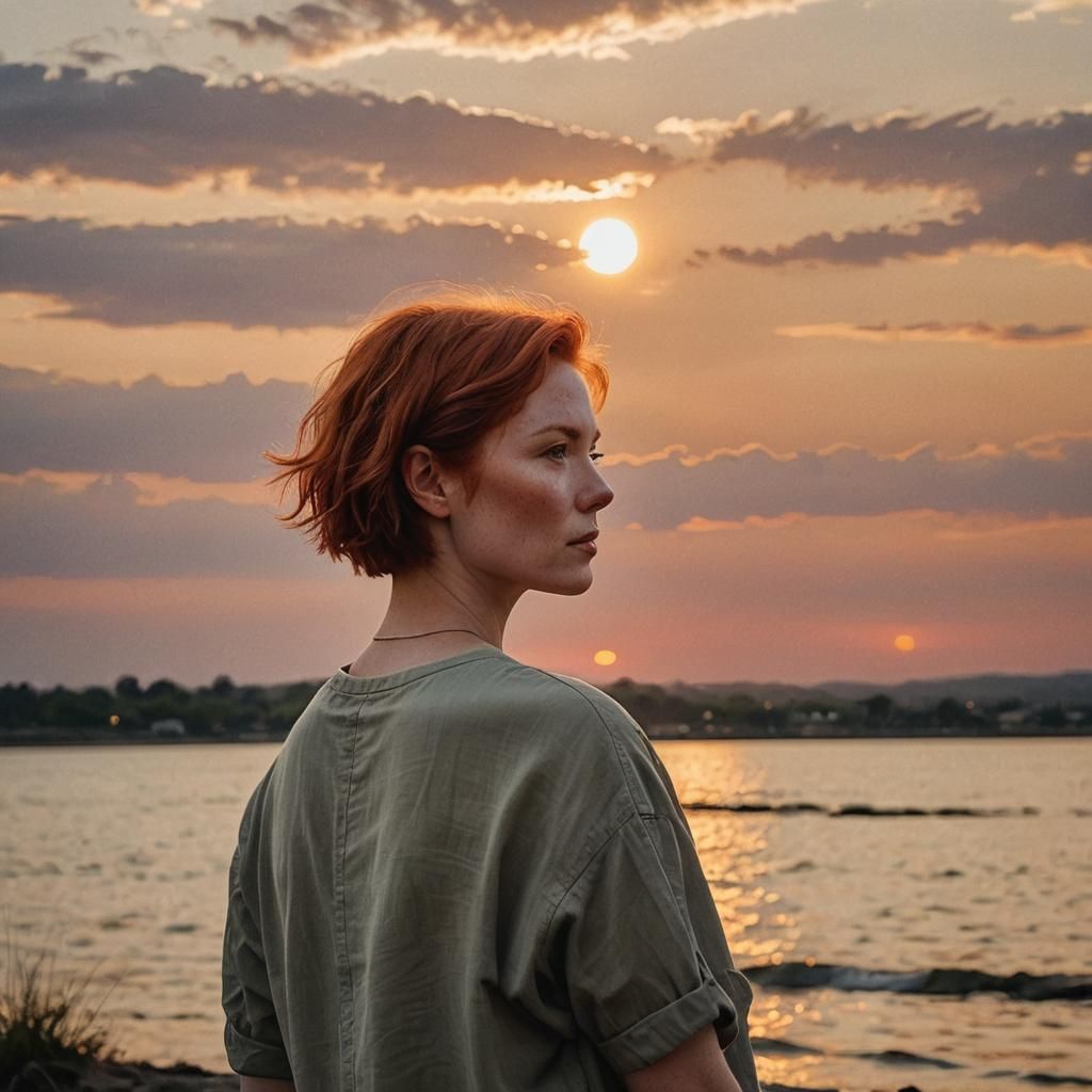 Red-Haired Woman Gazing at Sunset