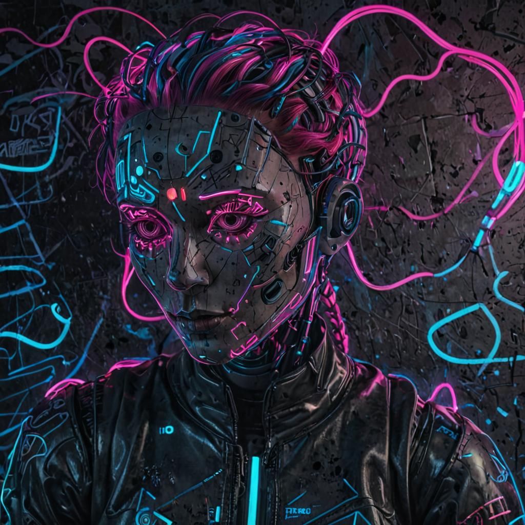 Robot Portrait with Neon Accents in Mixed Media