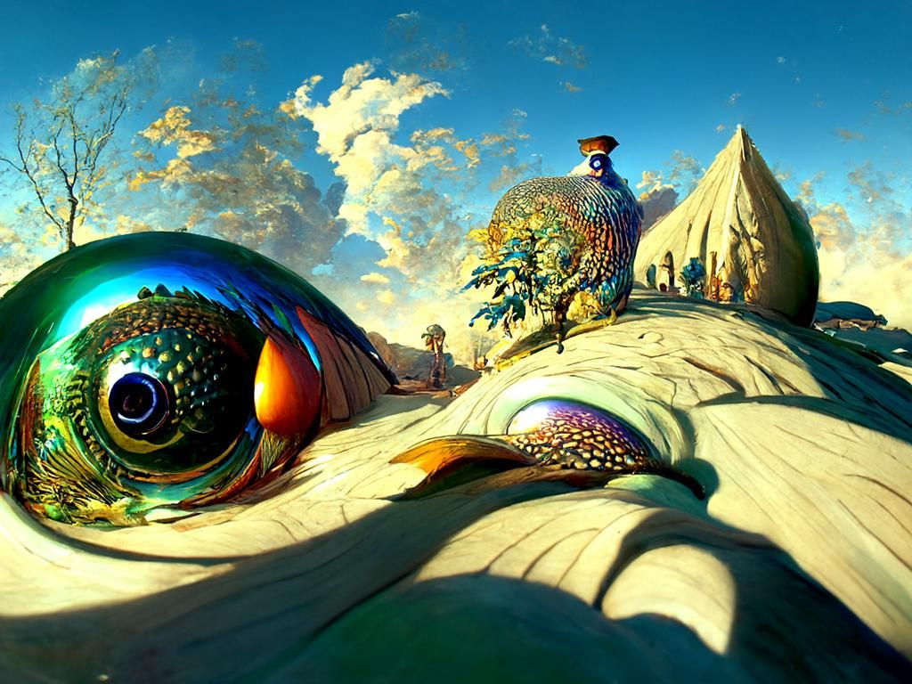 Surreal Peacock in Lush Landscape, Geometric Digital Art