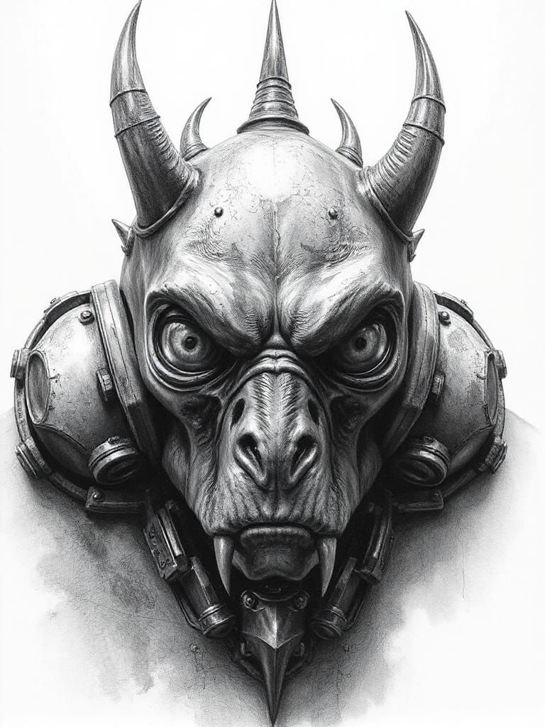Monochrome Steampunk Monster Head in Graphite Style