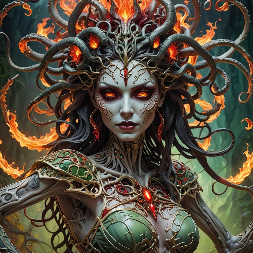 Intricate Medusa Fantasy Art with Skeleton