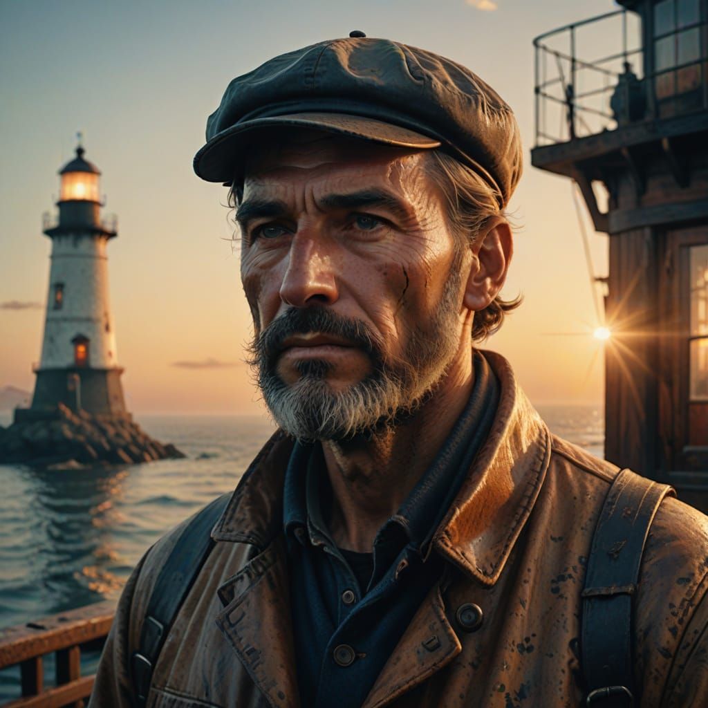 Weathered Lighthouse Keeper in Dawn's Golden Light