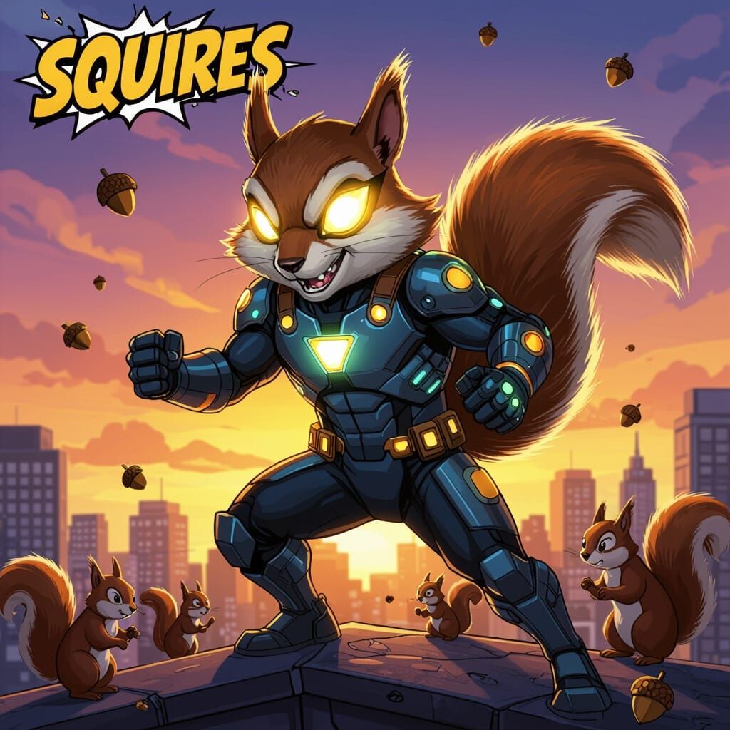 Squirrel Superhero Leading Army on City Rooftop