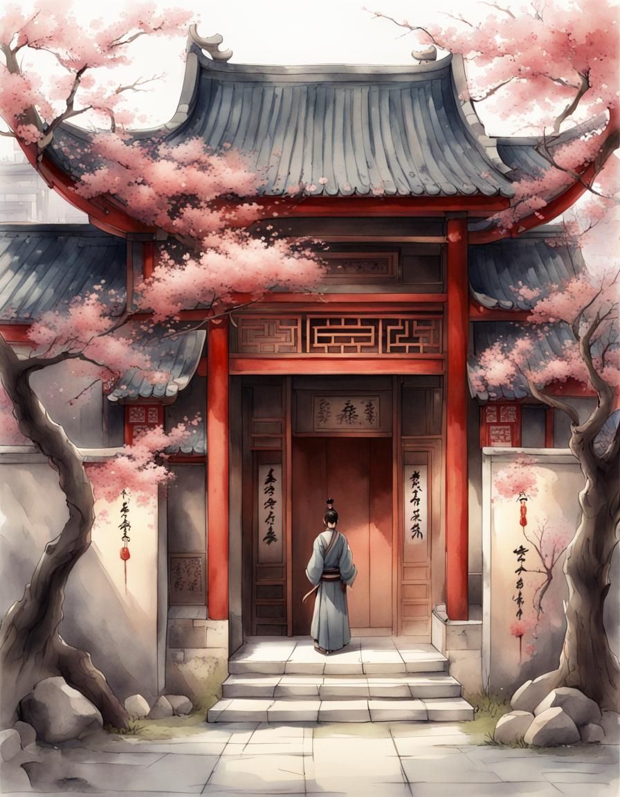 Ancient Chinese House with Plum Blossoms: Anime-Inspired Wat...