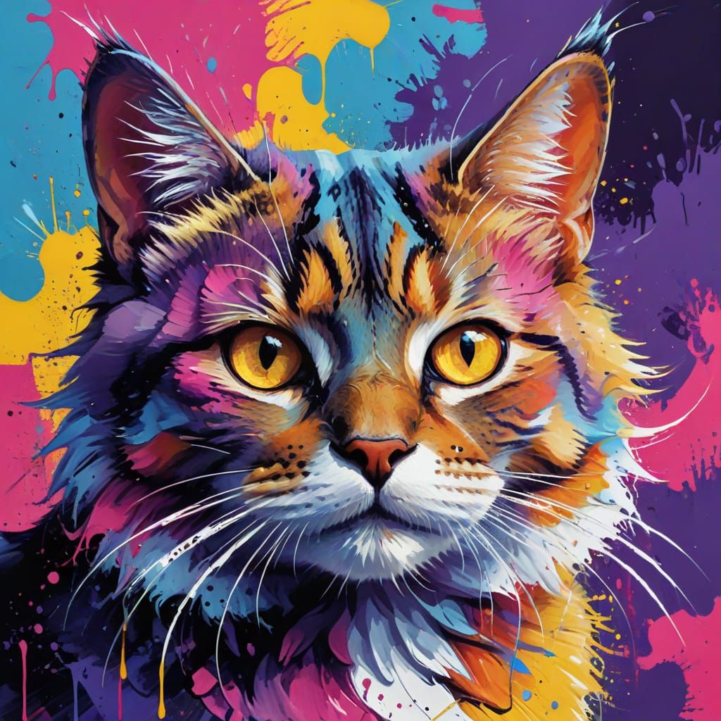 Vibrant Pop Art Cat Face Painting with Bold Colors