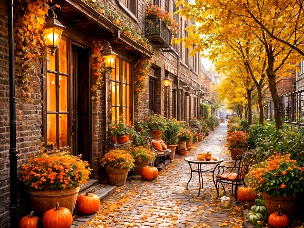 Cozy Autumn Alley with Steaming Coffee and Flowers