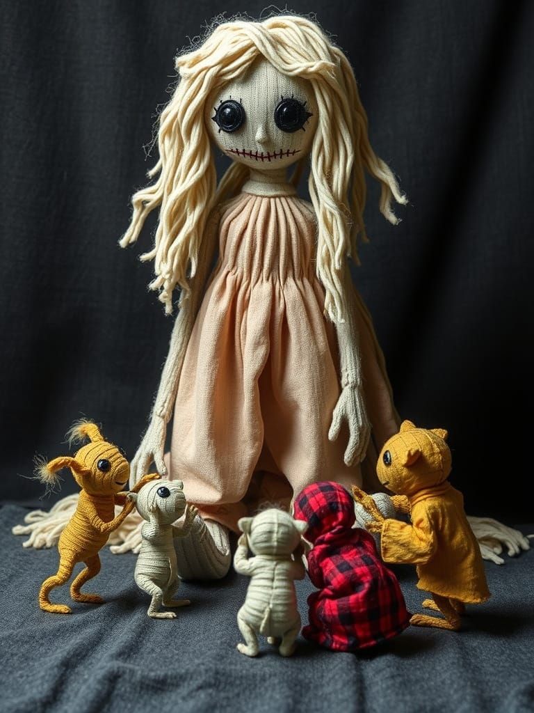 Small Creatures Worship a Giant Rag Doll in a Meticulous Set...