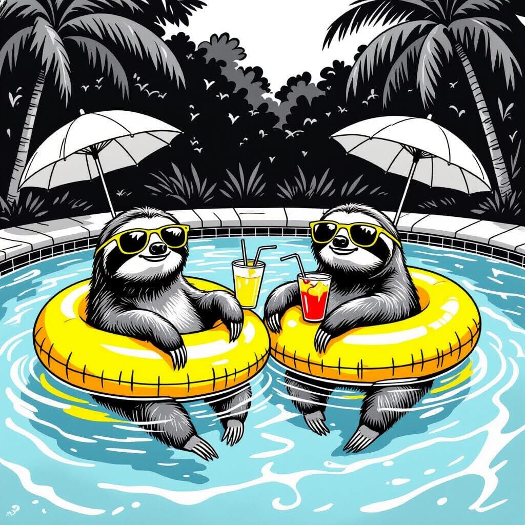 Sloths Lounging in Pool, Black and White Sketch