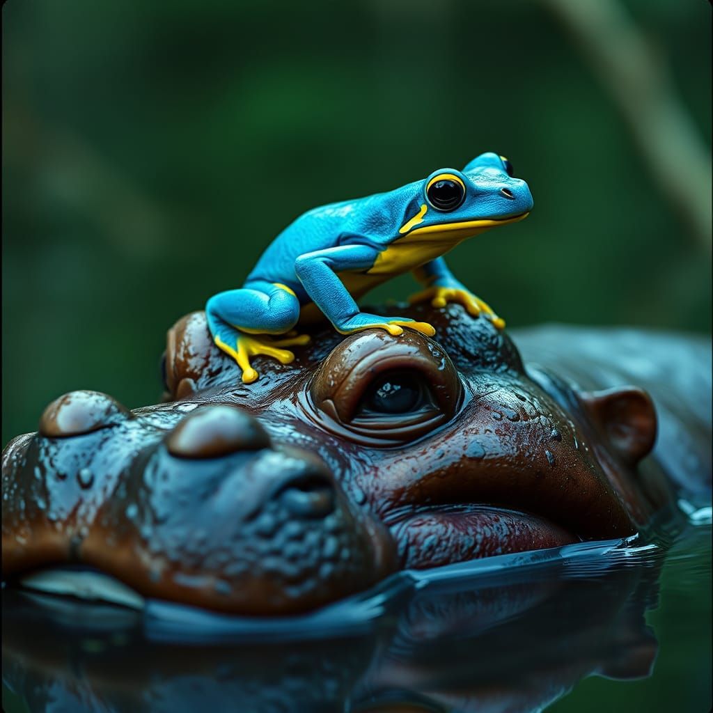 Neon Frog Rides Hippo in Fluorescent Swamp