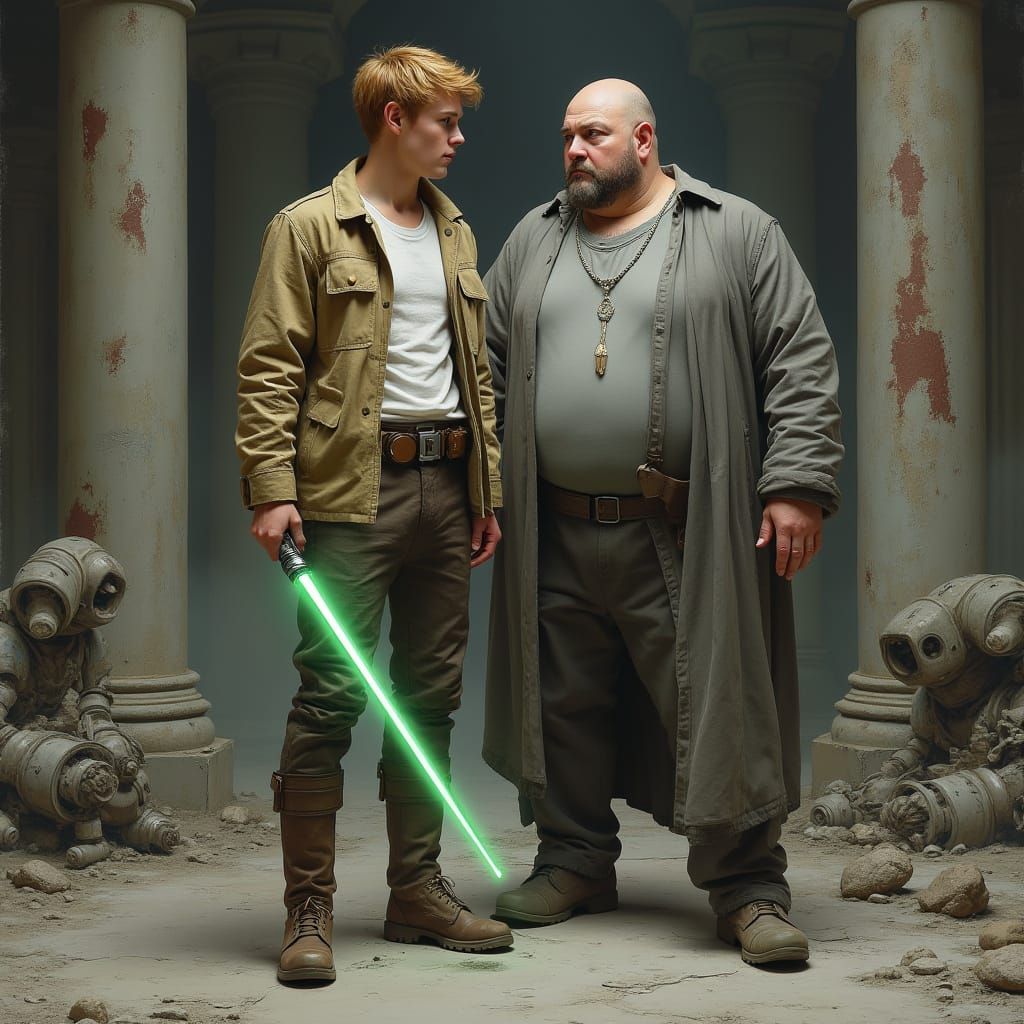 Hyperrealistic Portrait with Lightsaber in Dystopian World