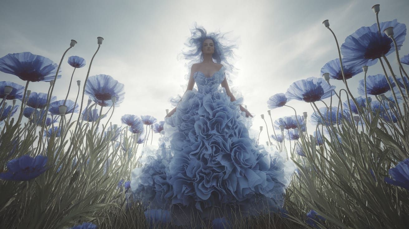 Ethereal Blue Poppies Field in Dreamlike Contemporary Art