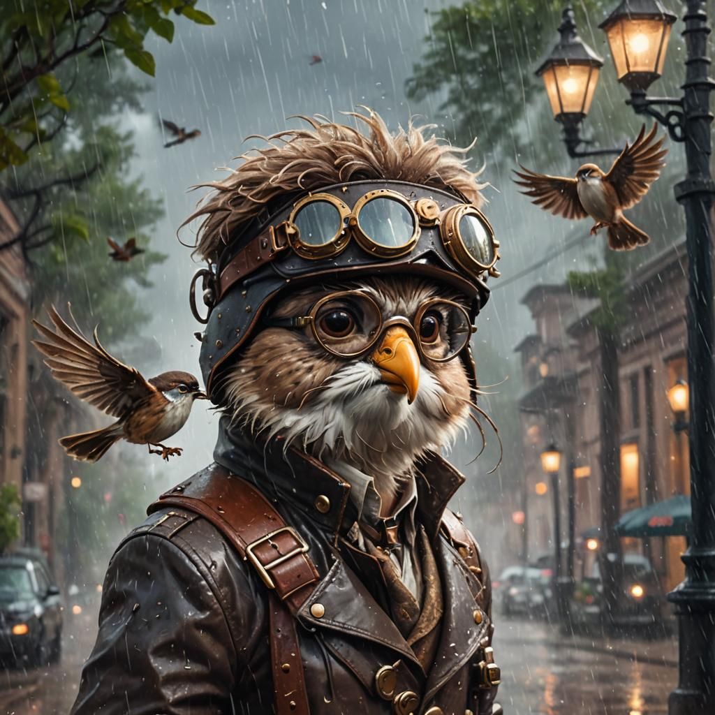 Steampunk Sparrow in Rainy Fantasy Landscape