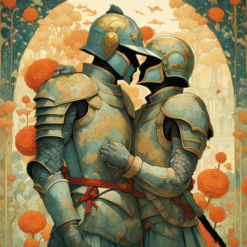 Two Knights Embracing in Fantasy French Empire