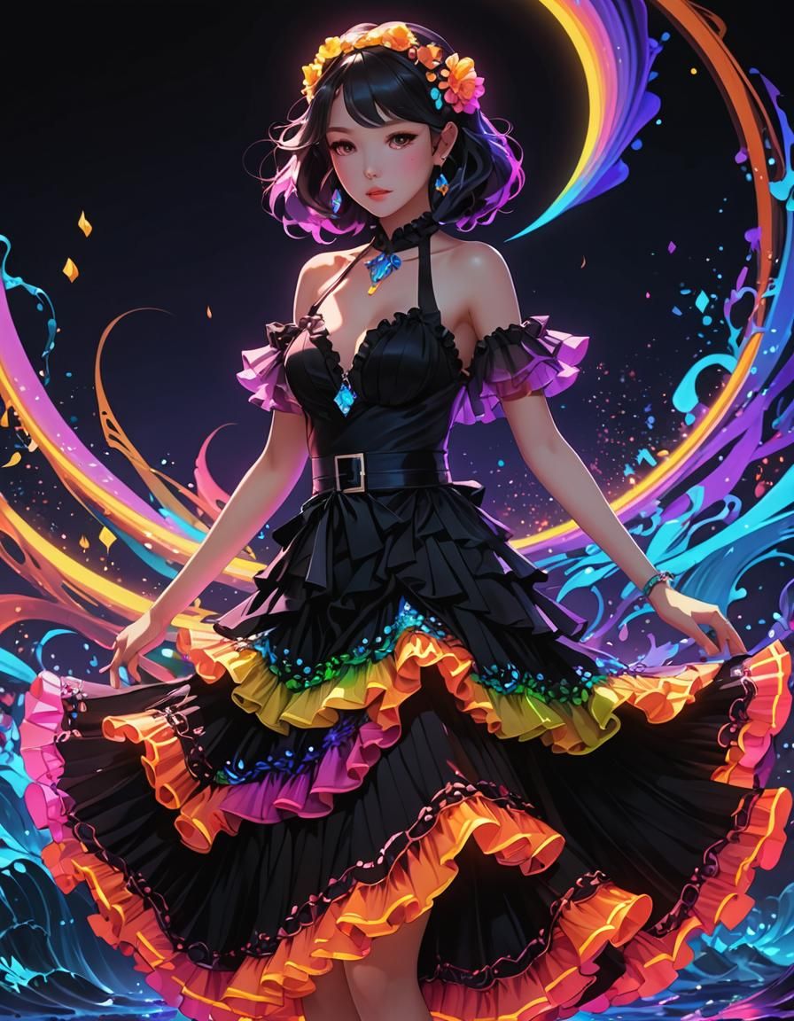Rainbow Flamenco Dancer in Neon UV Light, Anime Art