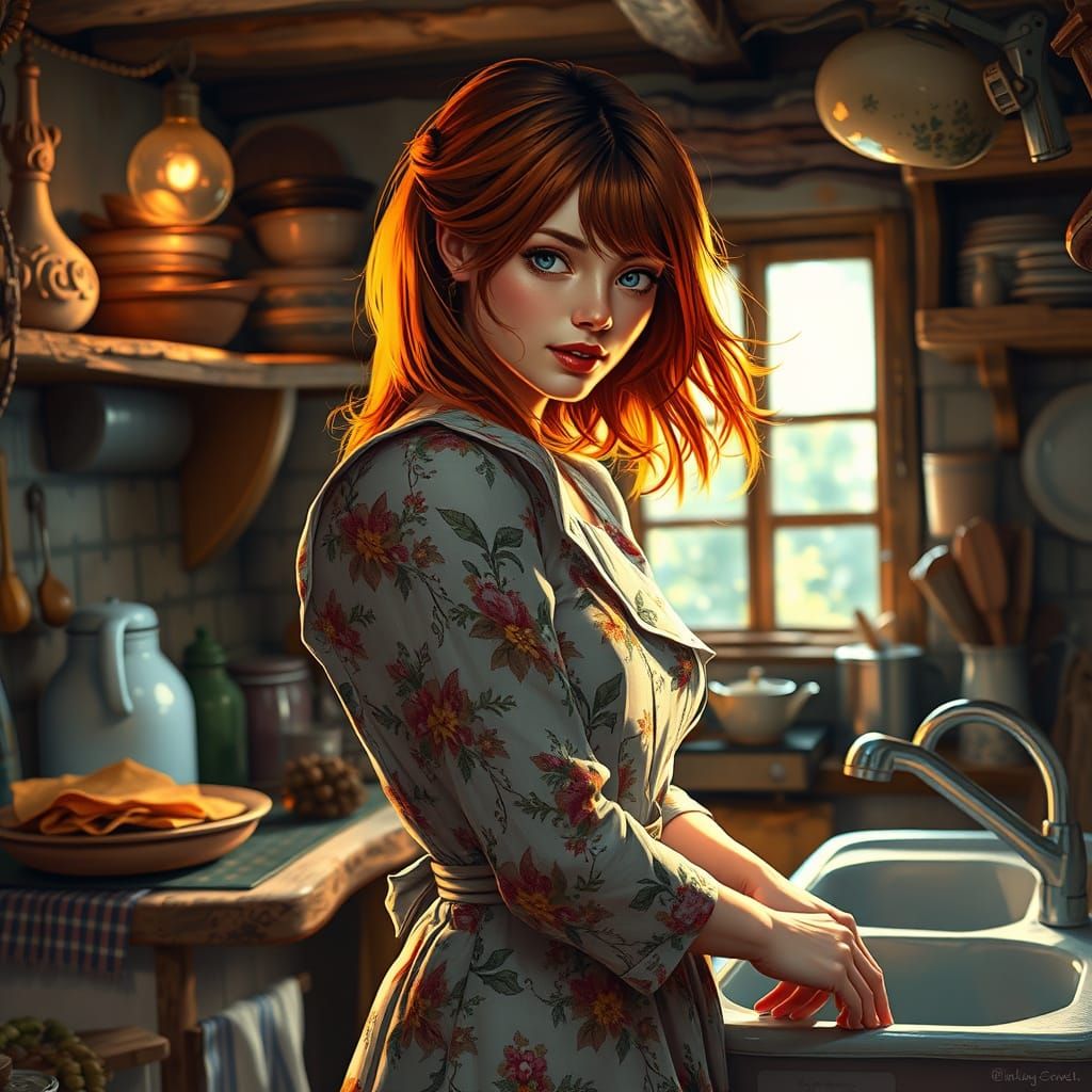 Irish Tradwife in Whimsical Kitchen Setting