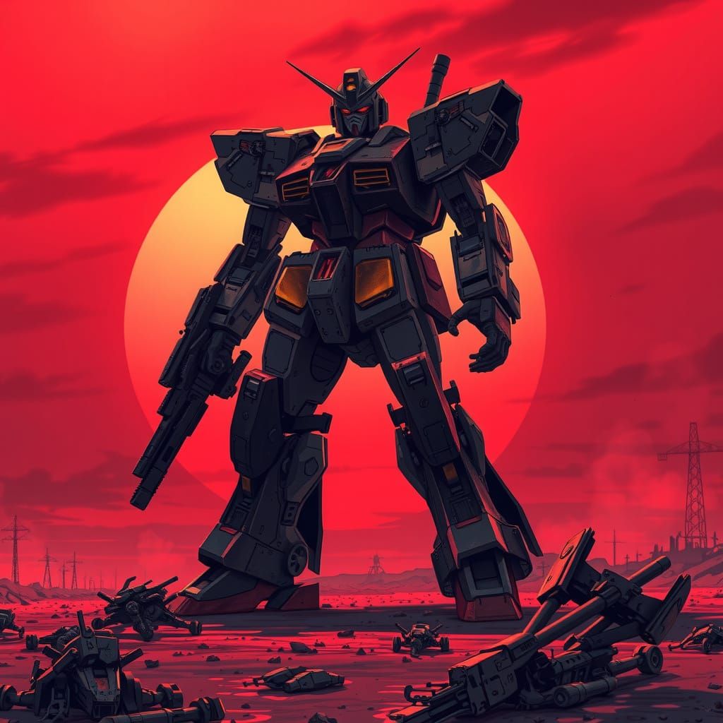 Gundam Mecha Dominates Crimson Sunset Wasteland