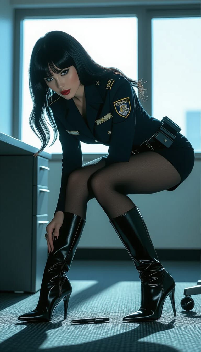 Seductive Police Officer in Office with Fallen Boot