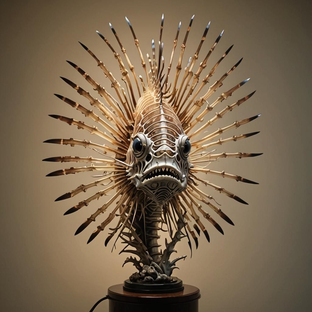 unconventional lamp made out of an illuminated Lionfish skeleton