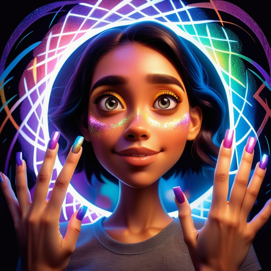 Pixar Style Young Woman With Glitter Nails