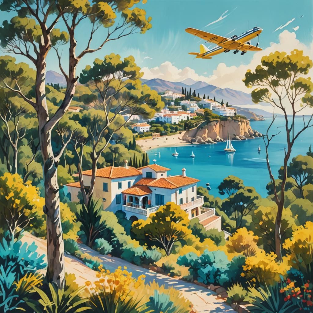 Spanish Villa Sea View in Vintage Gouache Style