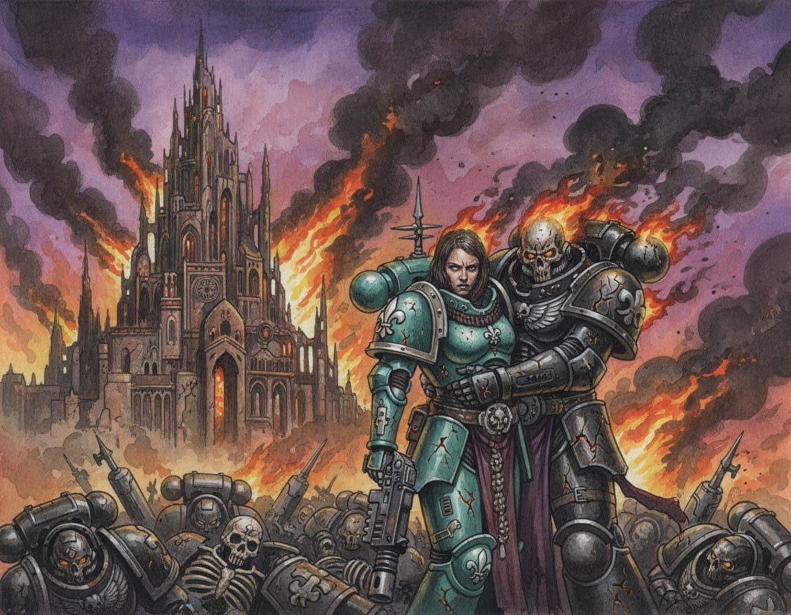 Sister of Battle Embraces Legion Marine in Fiery Battle