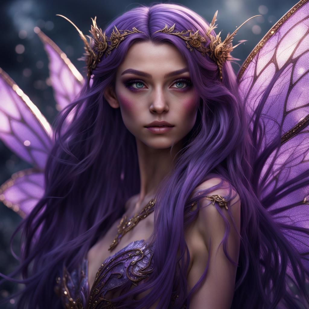 Sparkling Purple Fairy with Long Hair, Detailed Art