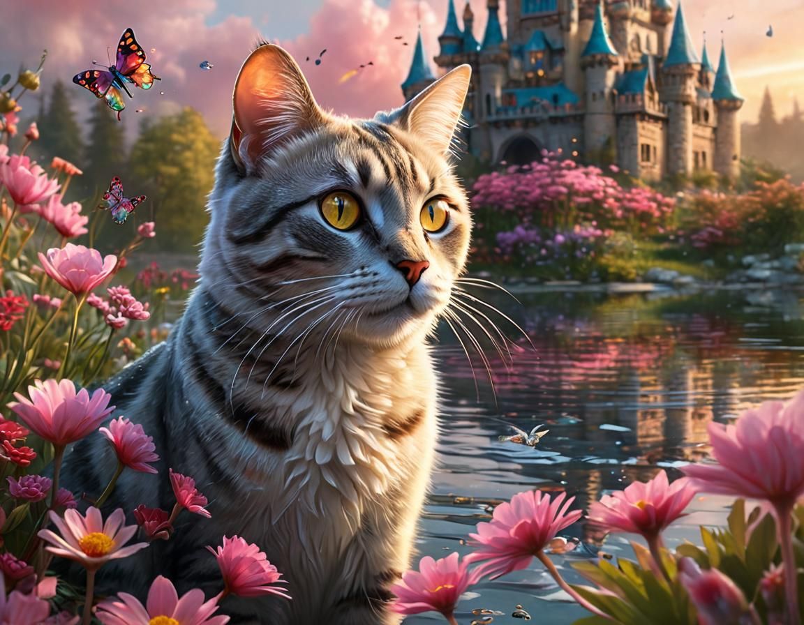 Glass Cat Leaping by Lake: Hyper-Realistic Digital Art