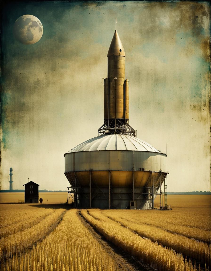 Surreal Grain Silo Spaceship with Scarecrows