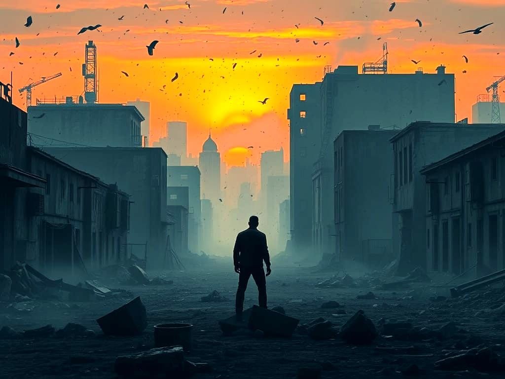 Post-Apocalyptic Survivor in a Ruined Cityscape