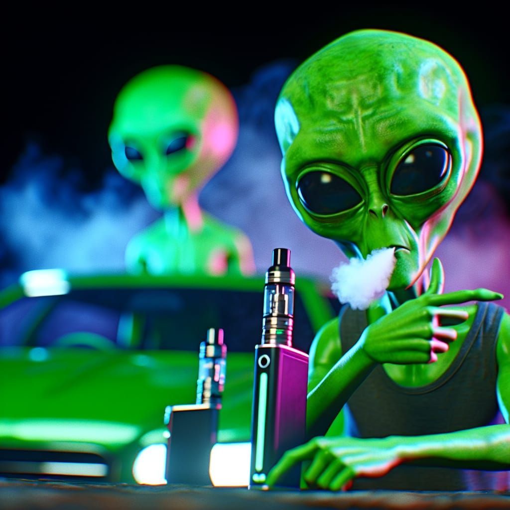 Chill Green Alien Vapes in a Moody, Hyperrealistic Scene