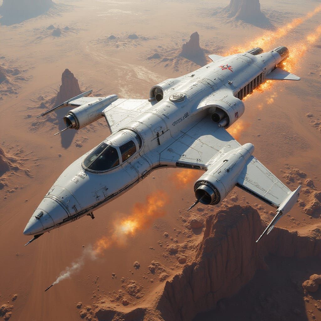 White Starship Renenters Atmosphere Over Desert Continent