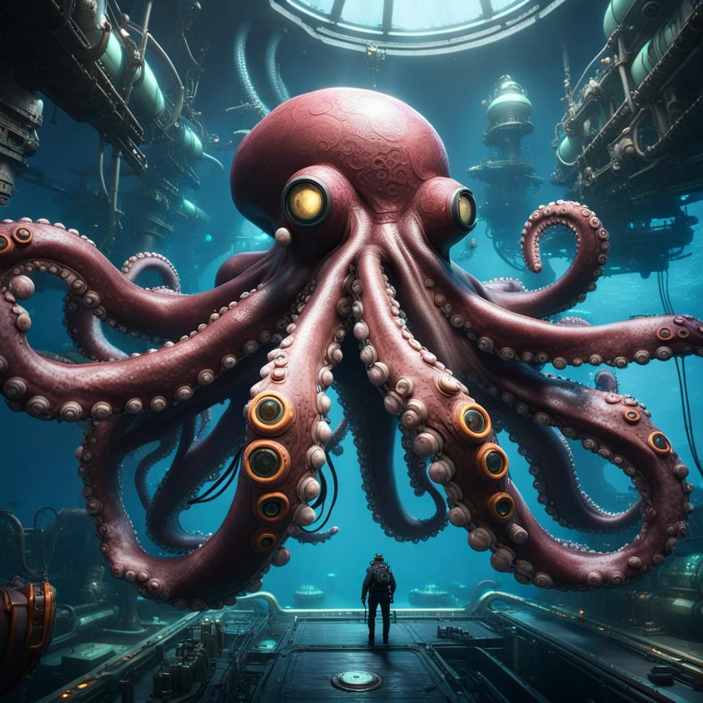 Oceanpunk Giant Octopus Submarine in 3D Style