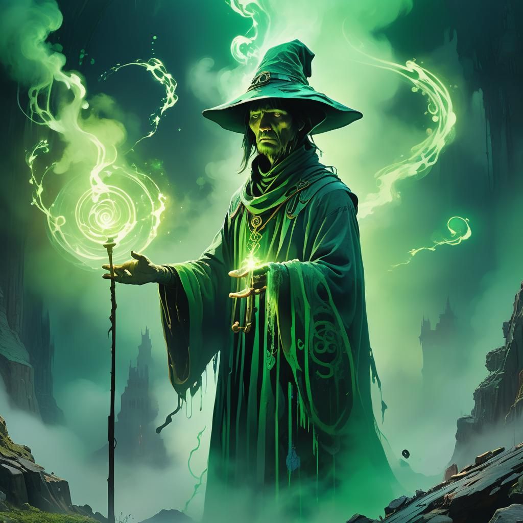 Mysterious Mage Casting Spell in Surreal Fantasy Art