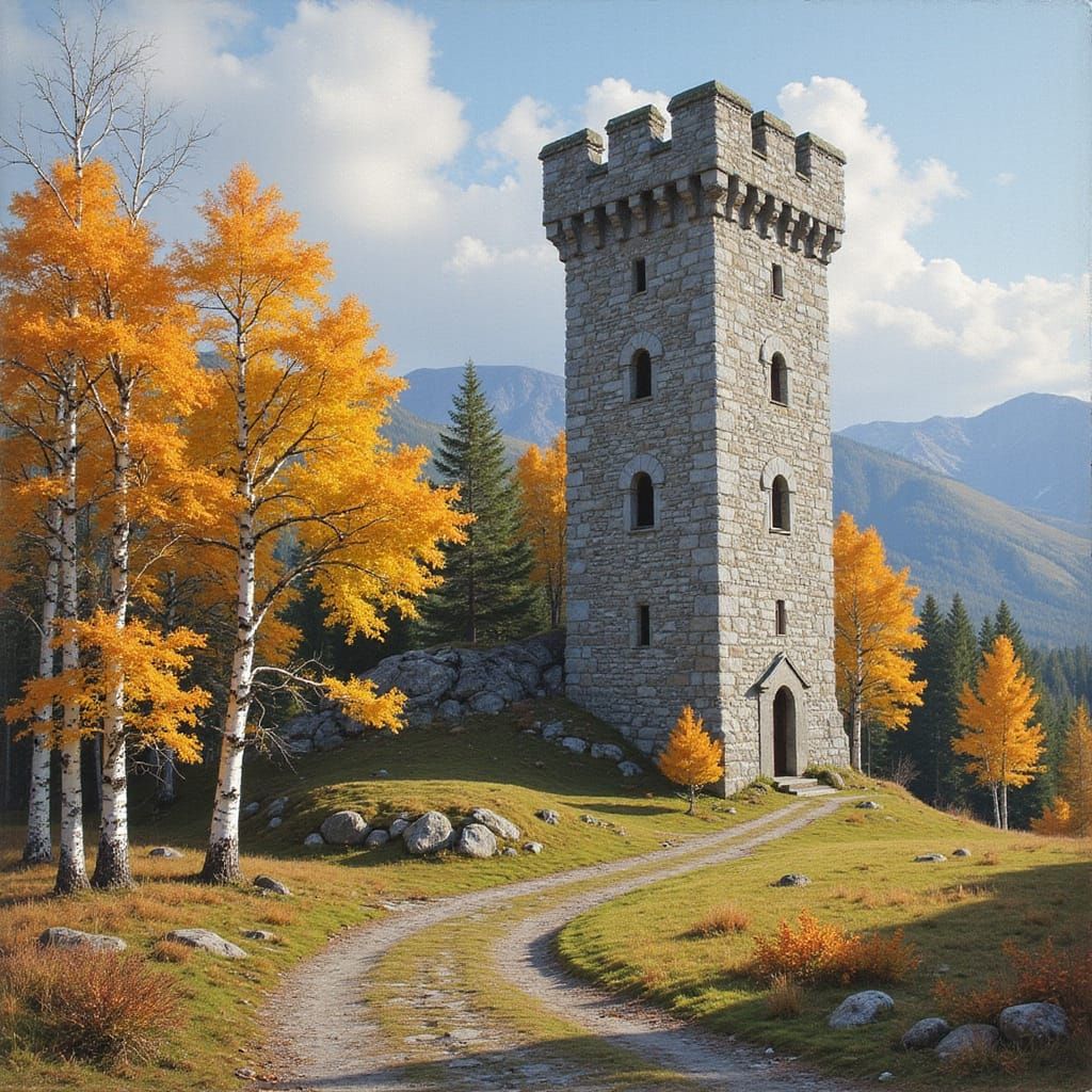 Autumnal Norwegian Tower in Impressionist Style