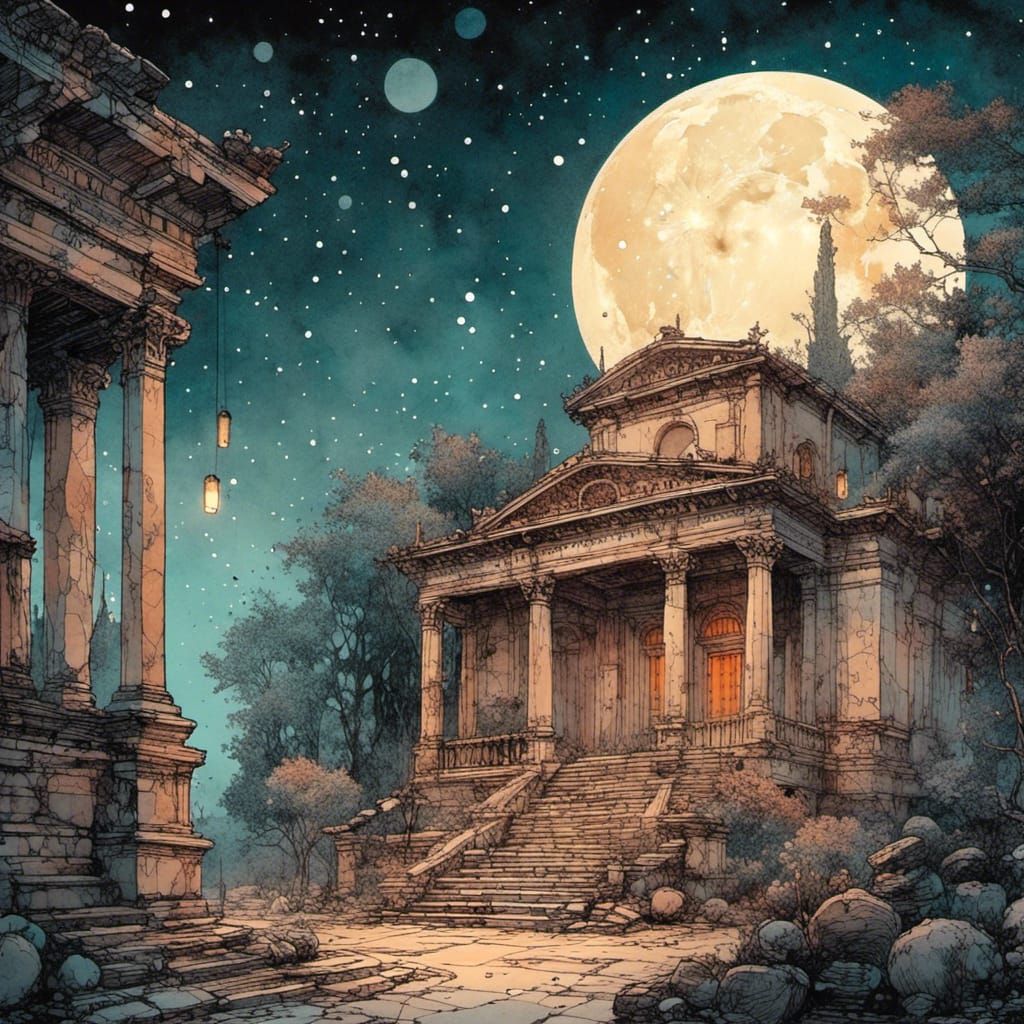Moebius Style Roman Villa Under Two Moons