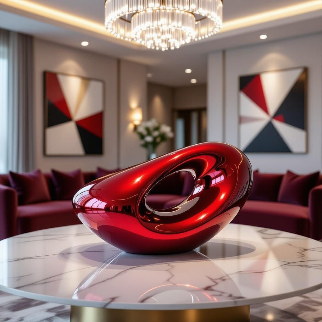 Sleek Red Automotive Sculpture in Modern Luxury Living Room