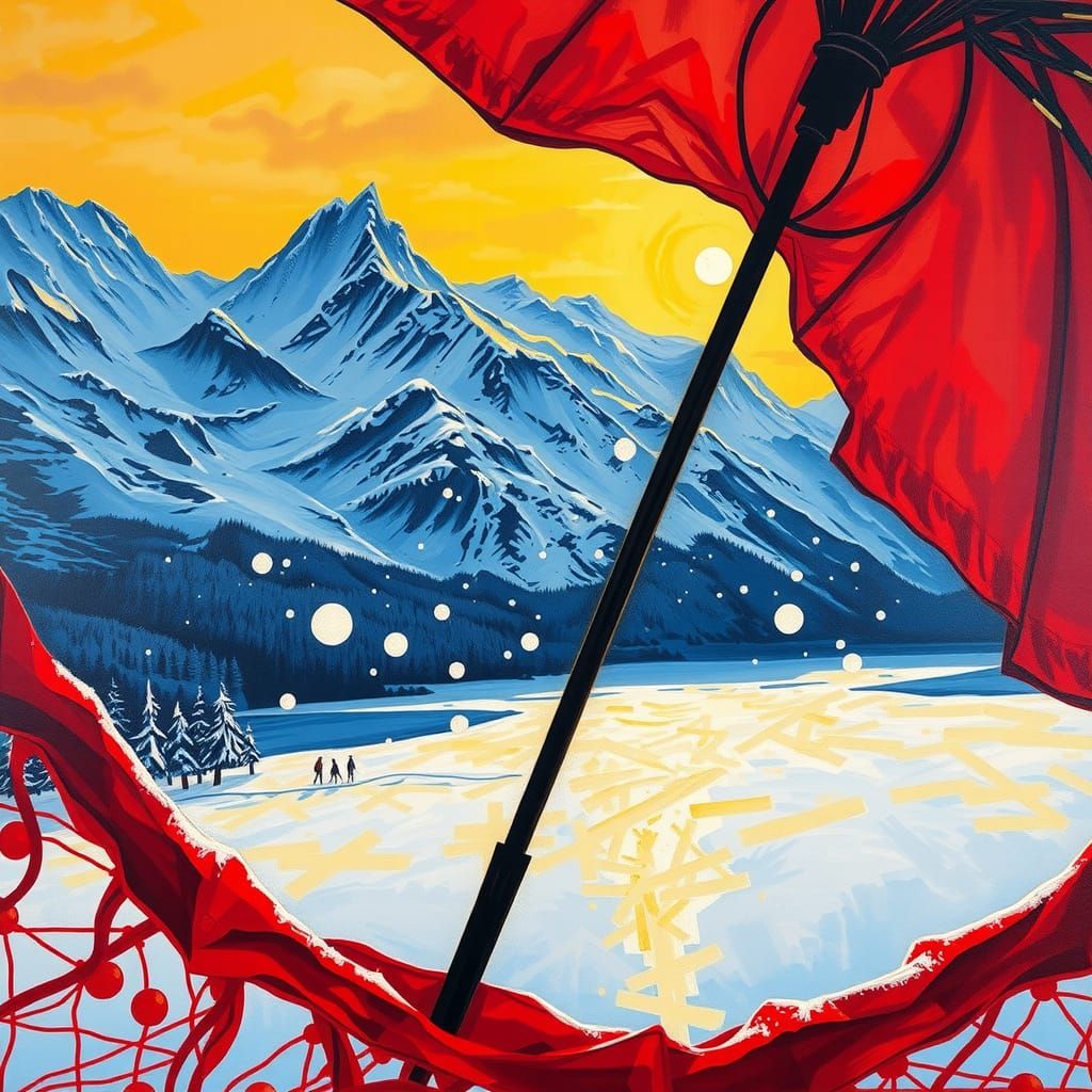 Snowy Mountains in Red Umbrella, Expressionist Painting