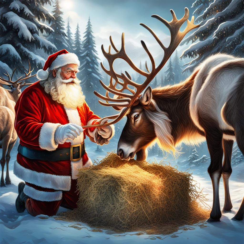 Santa Claus feeding hay to a reindeer