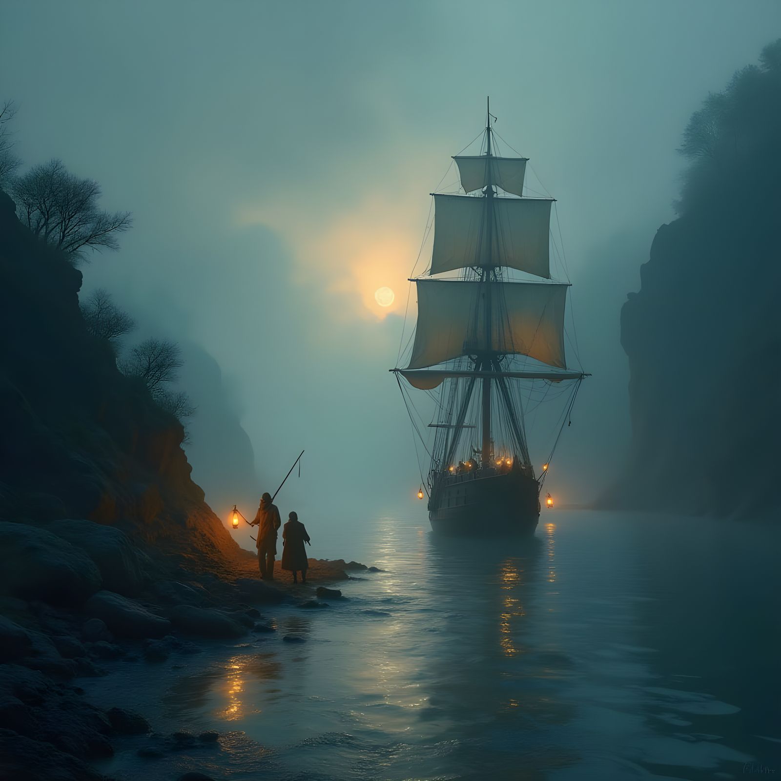 Schooner Emerging from Ethereal Fog