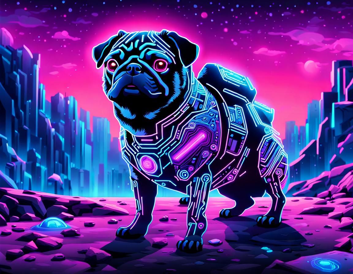 Cyberpunk Pug Admiring Vibrant Gemstone Wonders