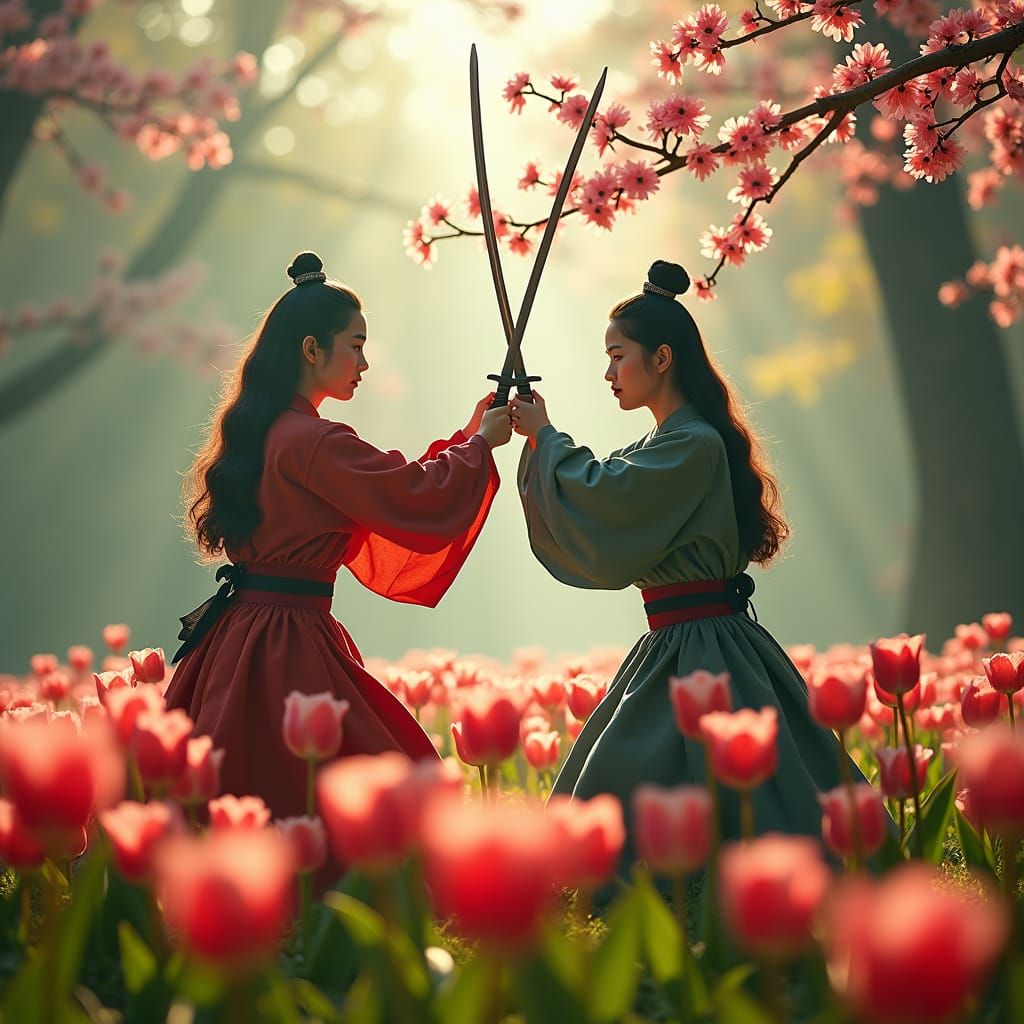 Duelists Clash Among Cherry Tulips: A Cinematic Matte Painti...