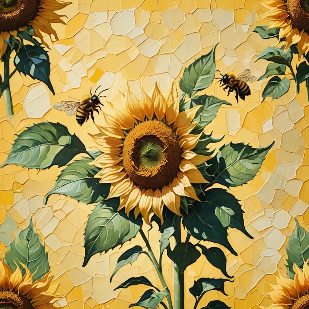 Sunflower, Lemon, and Bee in Sunny Yellow Oil Painting