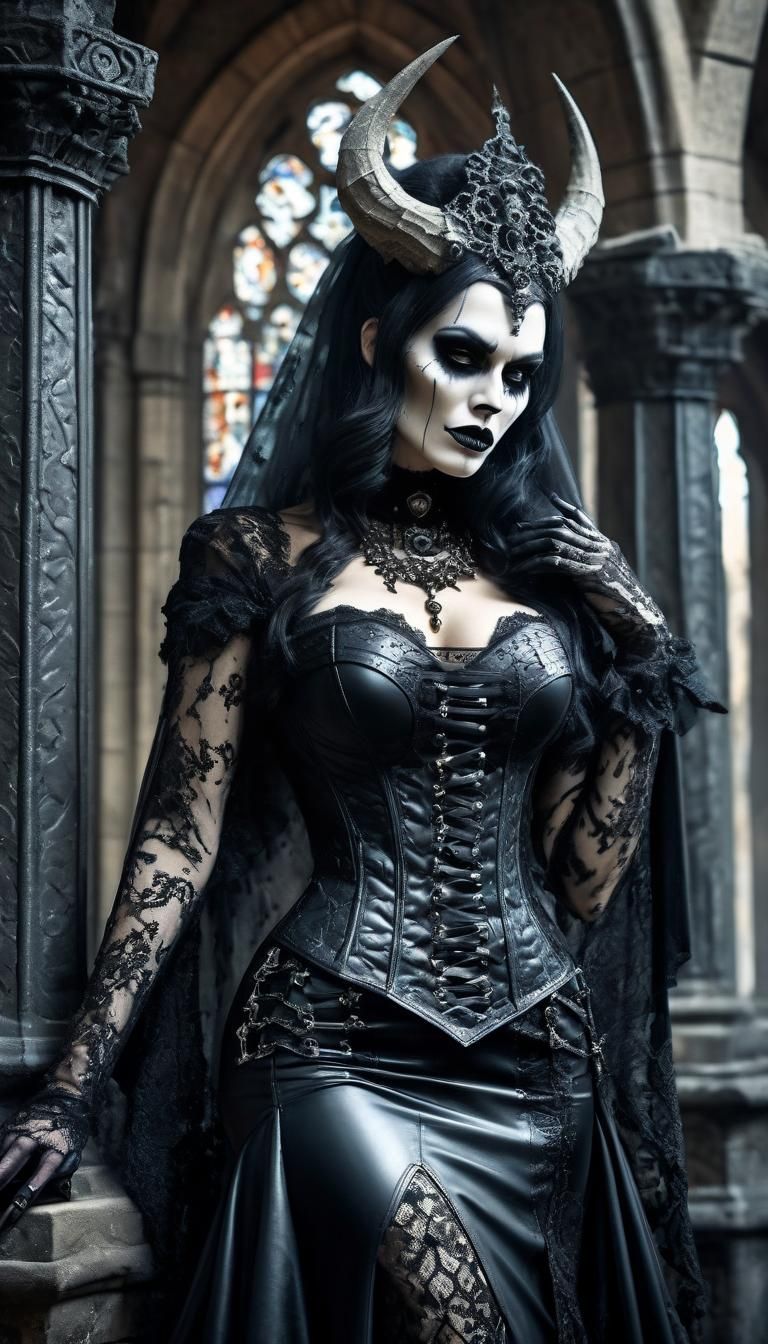 Gothic Crypt with Woman Kissing Gargoyle