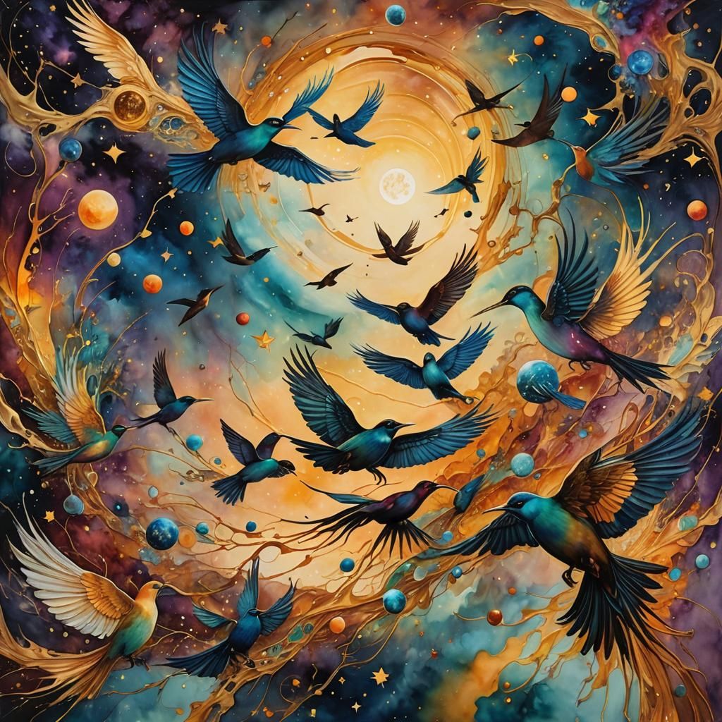 Cosmic Birds in Flight: A Surreal Impressionistic Scene