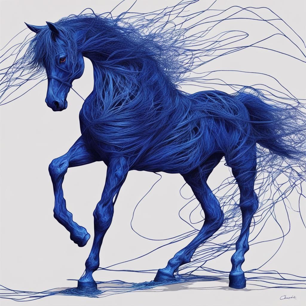 Blue Thread Horse in Jungle Line Art
