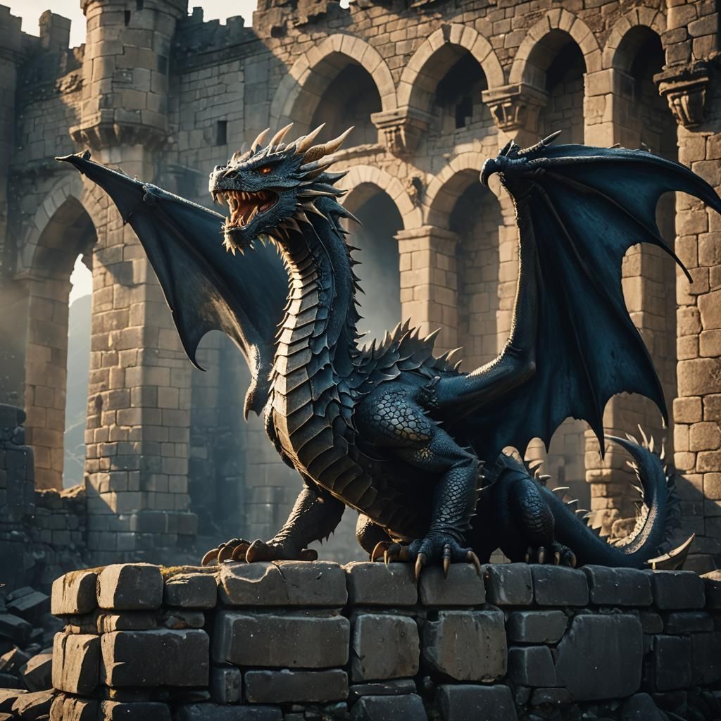 Epic Dragon on Ruined Castle Wall