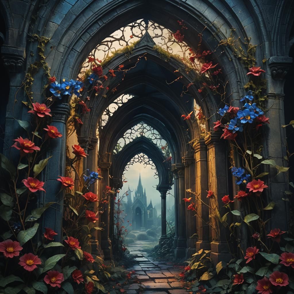 Gothic Archway: Ratchaphruek Flowers in Dark Fantasy