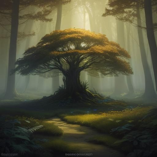 Glowing Tree Aura in Fantasy Landscape