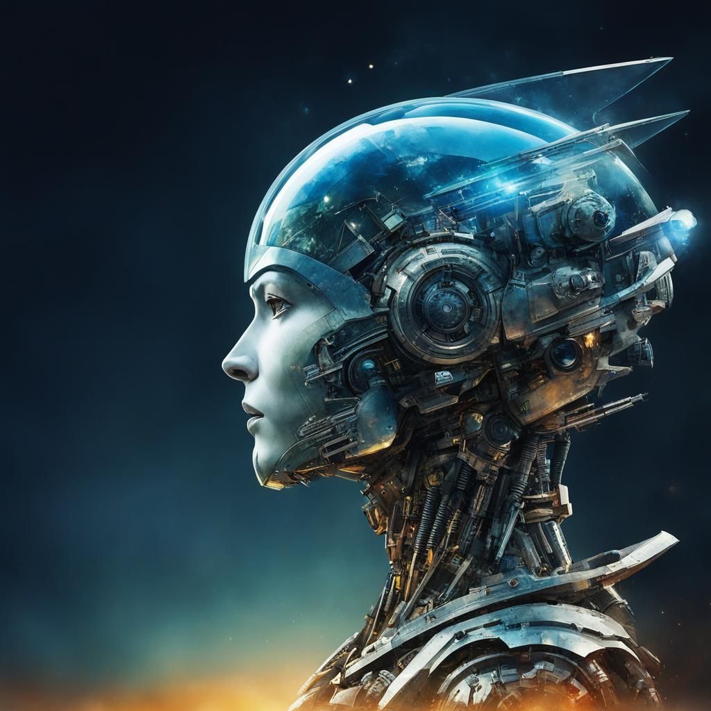 Mecha Robot Profile with Alien Ship, Double Exposure Art