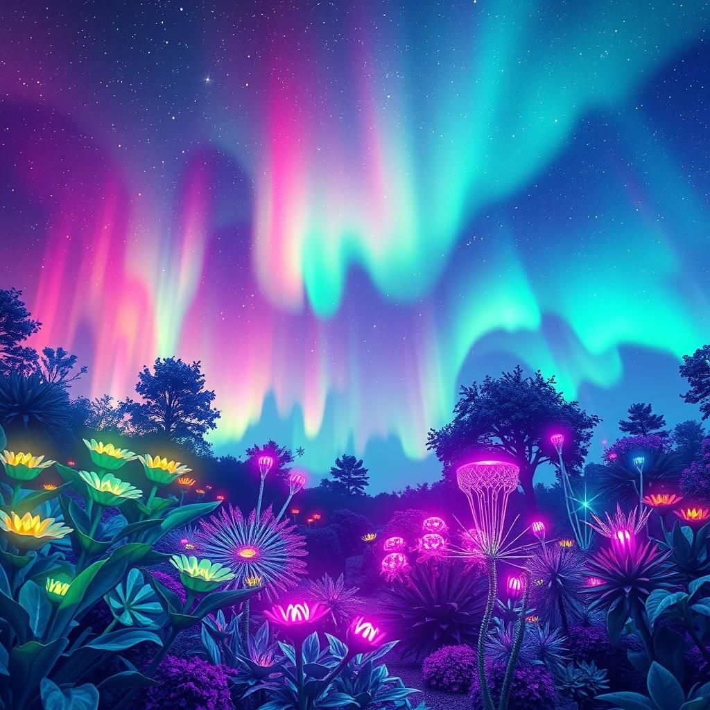 Bioluminescent Garden Under Aurora Sky, Astral Illustration